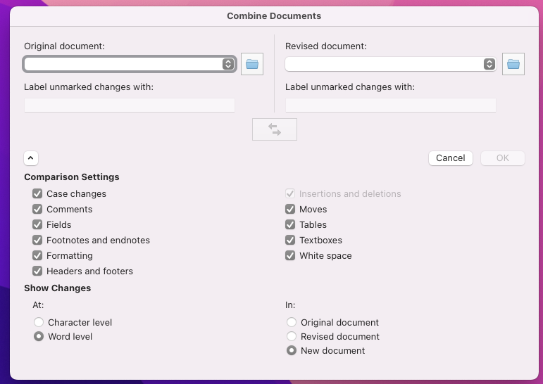 The “Combine documents” workflow tool in Word for Mac.